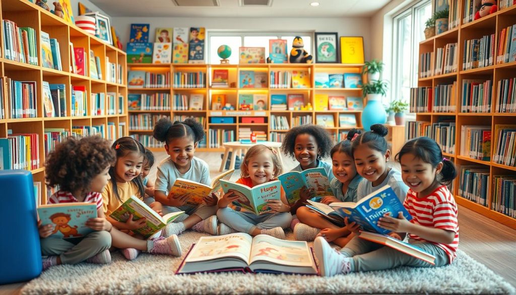 A cozy, inviting library setting filled with colorful children's books on various subjects, displaying titles that focus on skill development and knowledge areas such as math, science, and creativity. In the foreground, a diverse group of children aged 5 to 10, engaged and enthusiastic, are sitting on a plush rug surrounded by open books, their faces lit with joy and curiosity. In the middle, shelves stocked with vibrant books and educational toys are visible, softly illuminated by warm ambient light. The background features a large window with sunlight pouring in, enhancing the cheerful atmosphere. The overall mood is one of inspiration and learning, capturing a sense of wonder and discovery in a nurturing space.