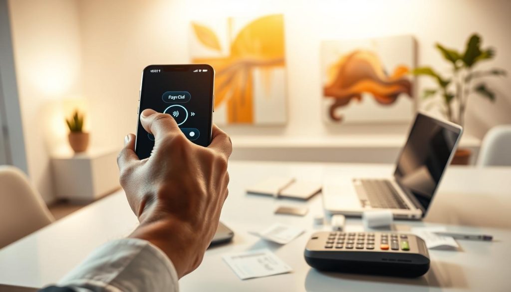 A modern digital wallet and a sleek credit card prominently displayed in a business setting. In the foreground, a hand reaches towards a smartphone, showcasing a contactless payment interface with glowing indicators. The middle layer features a stylish desk with a laptop, credit card reader, and scattered receipts, symbolizing financial transactions. In the background, a softly lit office environment with abstract art, conveying a professional atmosphere. The lighting is bright yet warm, enhancing a feeling of security and convenience in digital payments. The image captures a sense of innovation and trust, ideal for a discussion on the benefits of digital wallets and credit cards.