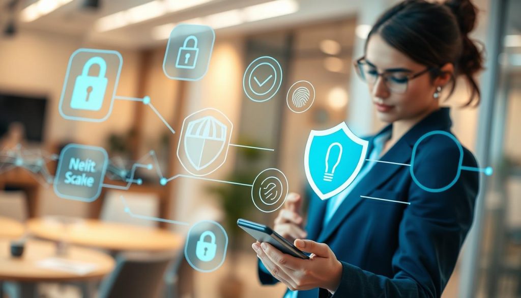 A modern digital wallet interface displayed on a sleek smartphone, surrounded by floating, translucent icons of security features like a padlock, fingerprint scanner, and a shield symbolizing protection. In the foreground, a professional-looking businessperson in smart casual attire checks their smartphone, looking confident and secure. The middle ground includes abstract representations of encrypted data streams and digital connections, conveying a sense of high-tech security. The background is a softly lit office space with a subtle bokeh effect to keep the focus on the digital elements and the person. The overall mood is one of trust and innovation, with a warm color palette that combines blues and greens to evoke a sense of safety in digital transactions.