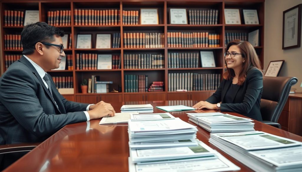 A professional and inviting office space dedicated to green card application assistance. In the foreground, a well-dressed immigration lawyer, a middle-aged Hispanic woman in business attire, is seated at a polished wooden desk, actively engaging with a young couple, a man and woman of diverse backgrounds, who appear relieved and hopeful. In the middle ground, stacks of green card application forms and informational brochures are neatly arranged on the desk. The background features a large bookshelf filled with legal books and certificates framed on the wall, all warmly lit by soft, natural light coming through a window; the mood is one of trust, professionalism, and support, captured from a slightly elevated angle to include the entire scene.