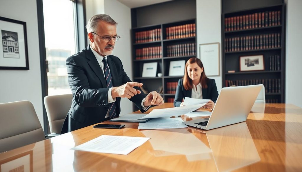 A professional real estate attorney in a modern office setting, engaged in a discussion with clients at a polished conference table. The attorney, a middle-aged person in a tailored suit, is pointing to legal documents and a laptop, emphasizing key points. The clients, a young couple dressed in business casual attire, appear attentive and engaged. Bright natural light streams through large windows in the background, illuminating the room filled with law books and framed certificates on the walls. The mood is collaborative and reassuring, highlighting professionalism and trust. The angle is a slight overhead view that captures both the attorney and clients, focusing on their interaction while providing a sense of space.