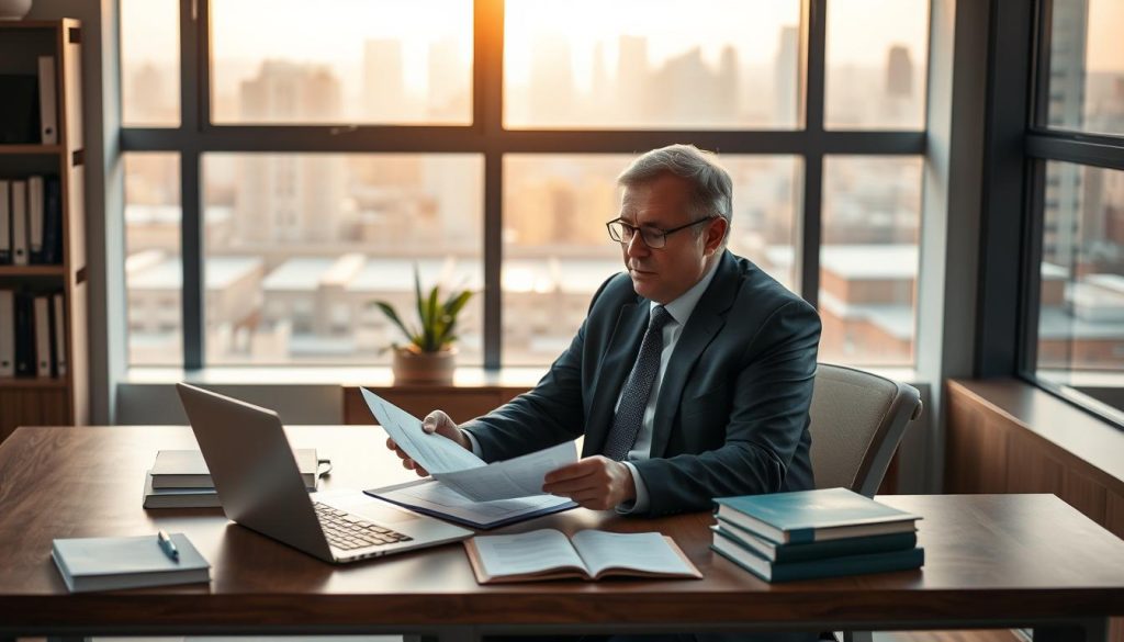 A professional real estate attorney sitting at a sleek wooden desk in a modern office, surrounded by legal books and a laptop displaying property documents. The attorney, a middle-aged man in a tailored navy suit, appears focused as he reviews a contract. In the middle ground, a large window showcases a city skyline bathed in warm morning light, creating an optimistic atmosphere. A potted plant adds a touch of greenery to the scene. Soft, natural light filters in, casting gentle shadows that enhance the professional ambiance. The image should convey a sense of reliability, expertise, and approachability, ideal for illustrating the benefits of hiring a real estate attorney.