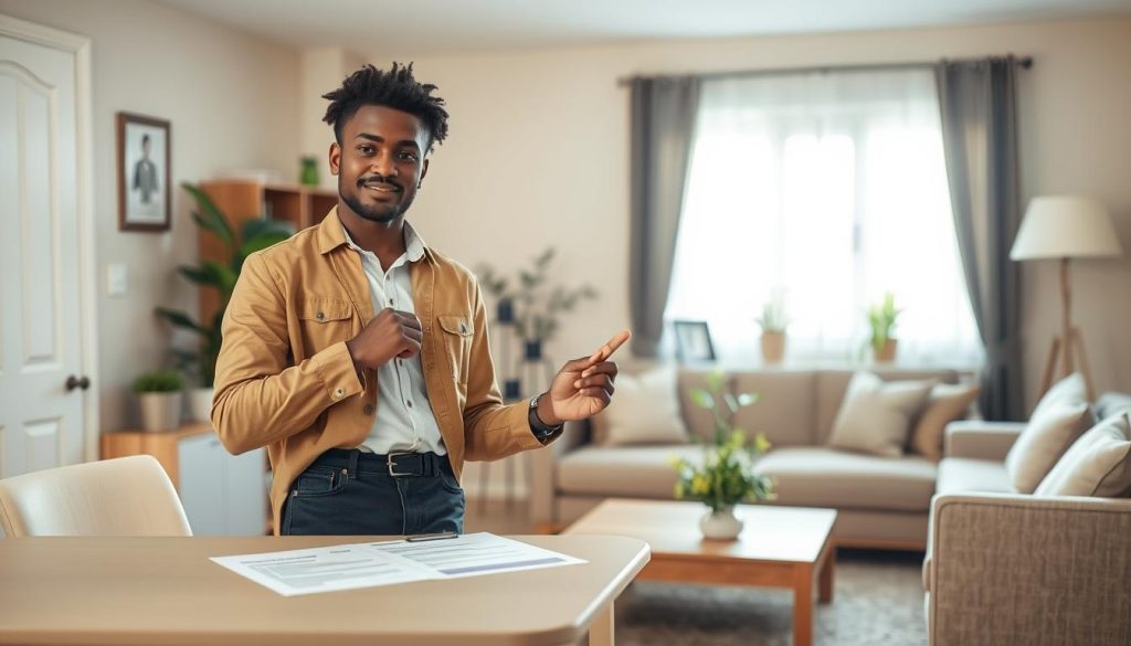 A professional tenant standing confidently in a well-maintained living room, showcasing a neat environment. In the foreground, a clean desk with rental documents and a checklist of tenant responsibilities. The tenant, a diverse young adult in smart casual attire, points to the checklist with a thoughtful expression. In the middle, a cozy sofa and plants add warmth, displaying a sense of home. In the background, a window with natural light streaming in, illuminating the space and creating a welcoming atmosphere. Soft, warm tones throughout evoke a sense of responsibility and community. The image is taken from a slightly elevated angle, capturing both the tenant’s engagement and the inviting interior.