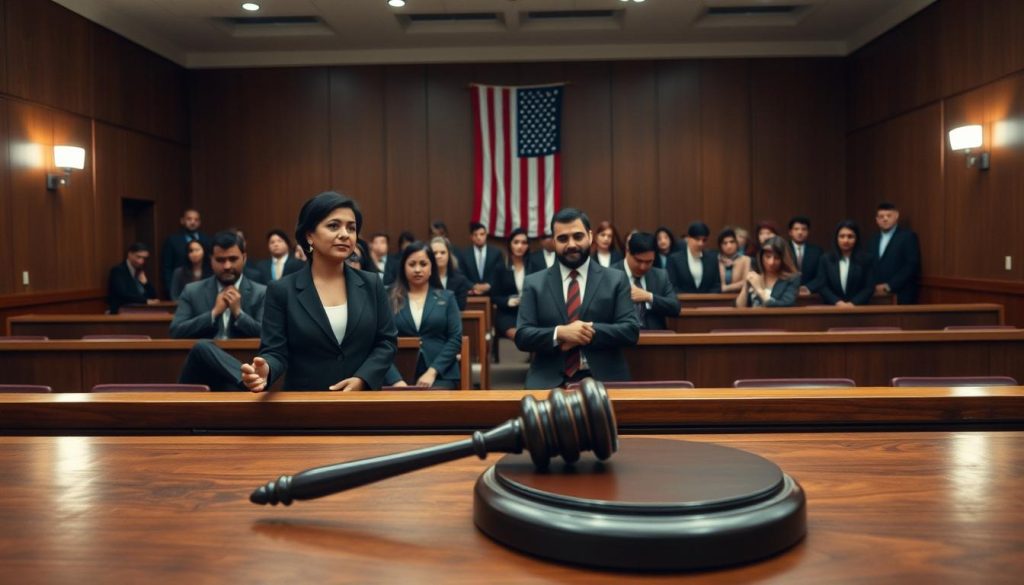 A solemn immigration court setting, featuring a judge's bench in the foreground, made of rich dark wood, with a detailed gavel resting on it. In the middle ground, a diverse group of individuals in professional business attire, including a deportation defense attorney speaking with a client, both looking engaged and concerned. The attorney is a middle-aged Hispanic woman, while the client is a young Middle-Eastern man. In the background, rows of wooden benches filled with observers, and the American flag hanging prominently on the wall. Soft overhead lighting creates a serious yet hopeful atmosphere, with warm tones highlighting the determination on the faces of the individuals. Shot with a slight angle to emphasize the depth of the courtroom.