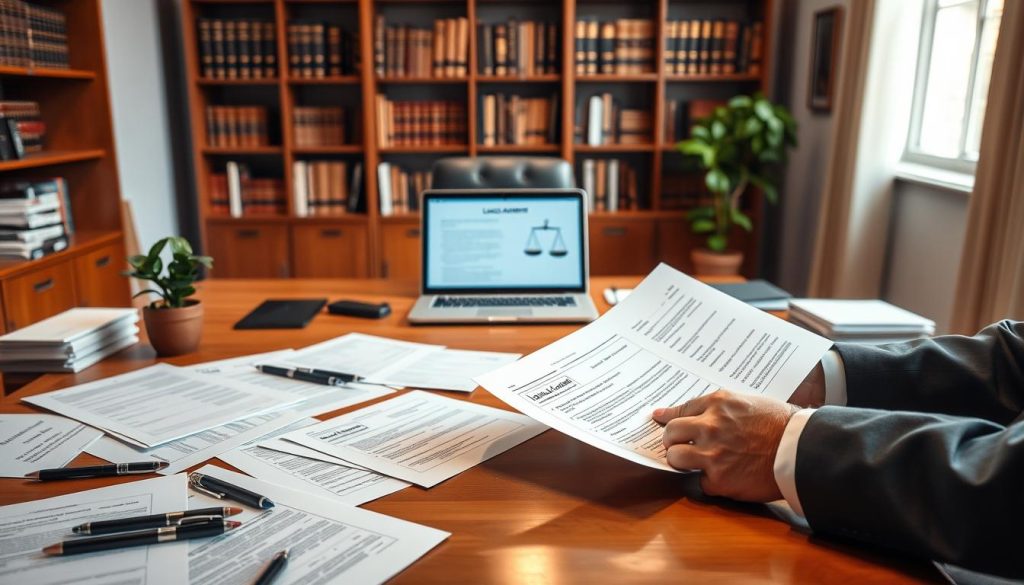 A well-organized office space featuring a large wooden desk, scattered with various lease agreements, pens, and a small potted plant. In the foreground, a pair of hands, dressed in professional business attire, are reviewing one of the lease agreements. In the middle ground, a laptop displays a digital document with legal icons subtly visible on the screen. The background features a soft-focus bookshelf filled with legal textbooks, adding a scholarly touch. The lighting is warm and inviting, with natural light streaming through a window, creating a cozy yet professional atmosphere. The overall mood is serious yet approachable, perfect for discussing tenant and landlord rights.