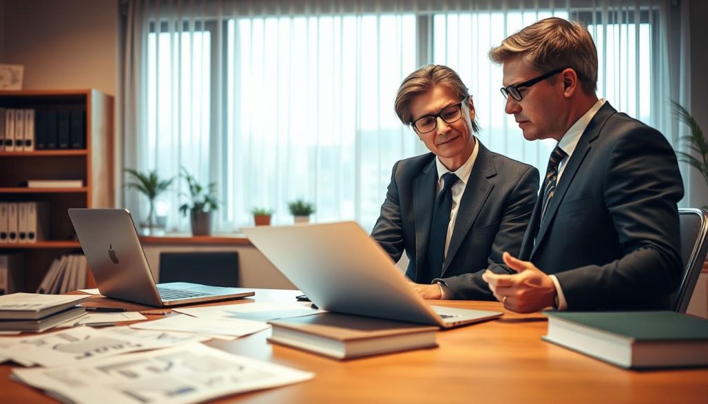 A well-organized workspace featuring a professional property law specialist consulting with a client, both dressed in business attire. In the foreground, the lawyer is reviewing legal documents with a focused expression, while the client listens attentively, expressing a mix of concern and hope. The middle ground includes a wooden desk cluttered with property diagrams, legal books, and a laptop displaying legal software. The background features a large window letting in soft, natural light that creates a warm, inviting atmosphere. The scene captures a sense of trust and professionalism, emphasizing the importance of collaboration in navigating property disputes. The framing should be intimate, showcasing the interactions, with a slight depth of field for a more poignant focus.