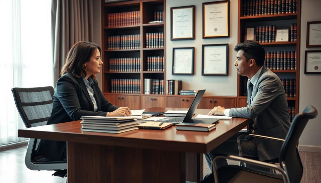 In a modern legal office, a deportation defense attorney sits at a sleek wooden desk cluttered with legal books, case files, and a laptop. The attorney, a middle-aged Hispanic woman in professional attire, is actively engaged in a conversation with a diverse client, a young Asian man wearing business casual clothing, conveying a sense of trust and support. In the background, tall bookshelves filled with law literature and framed certificates add to the professional atmosphere. Soft, warm lighting bathes the scene, highlighting their focused expressions and the seriousness of their discussion. The angle captures both faces and the details on the desk, providing a clear view of the serious legal context while maintaining a respectful and hopeful environment. The overall mood is one of determination and empowerment, emphasizing the fight for justice and rights.